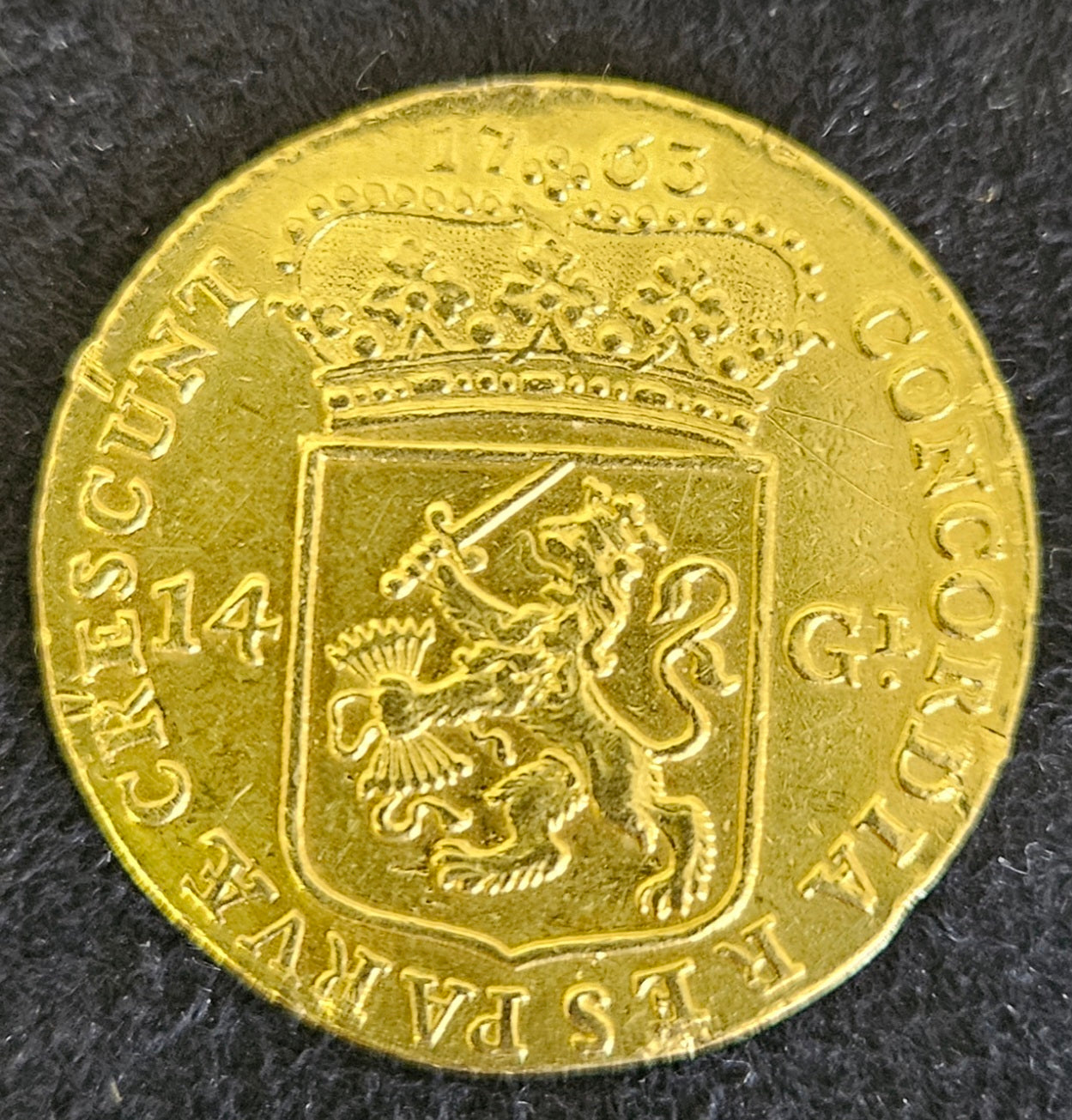NETHERLANDS 1763 14 GULDEN GOLD COIN -  BEAUTIFUL (9.8grm 22ct)