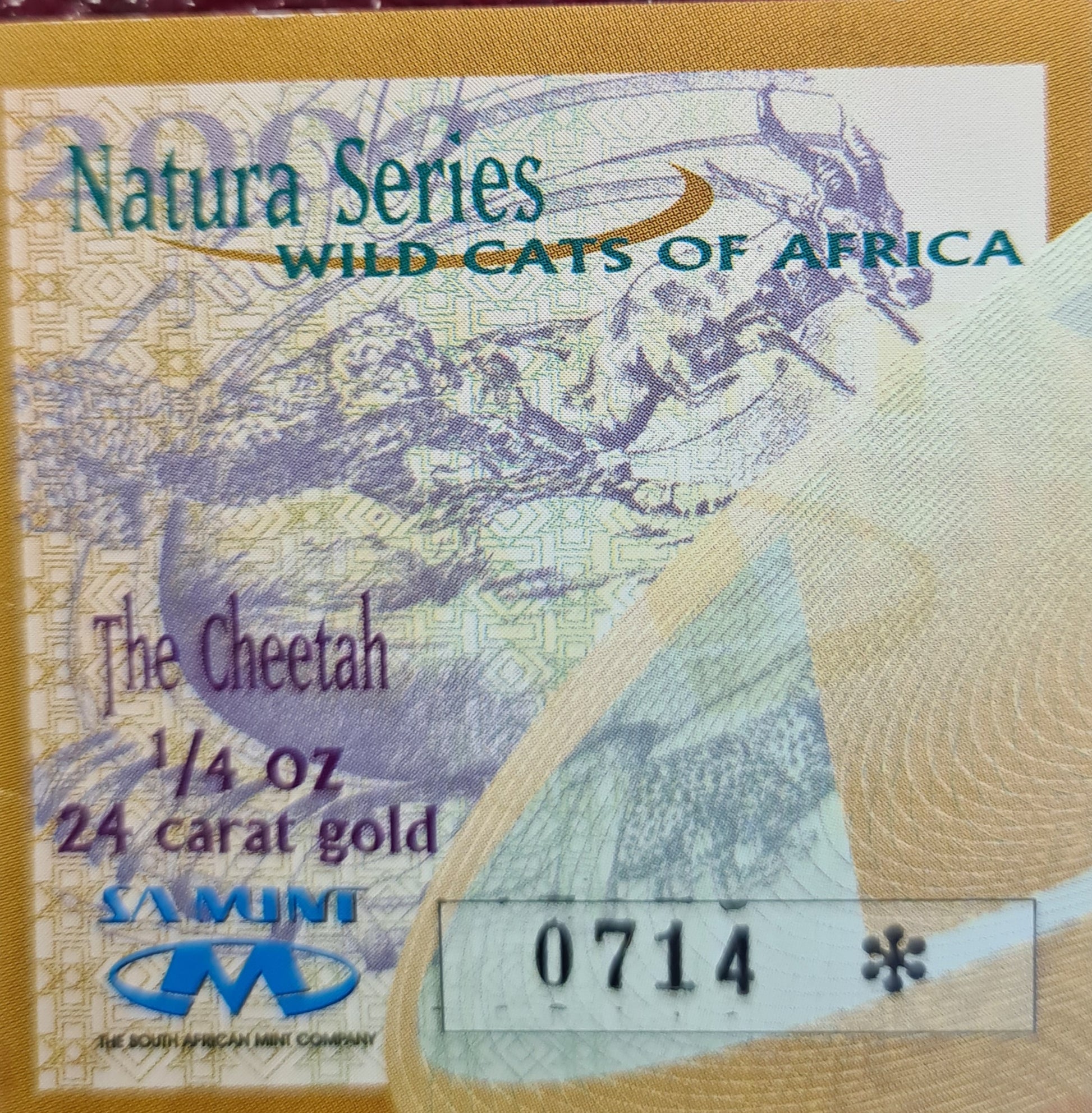 2002 GOLD NATURA CHEETAH QUARTER  OUNCE PROOF