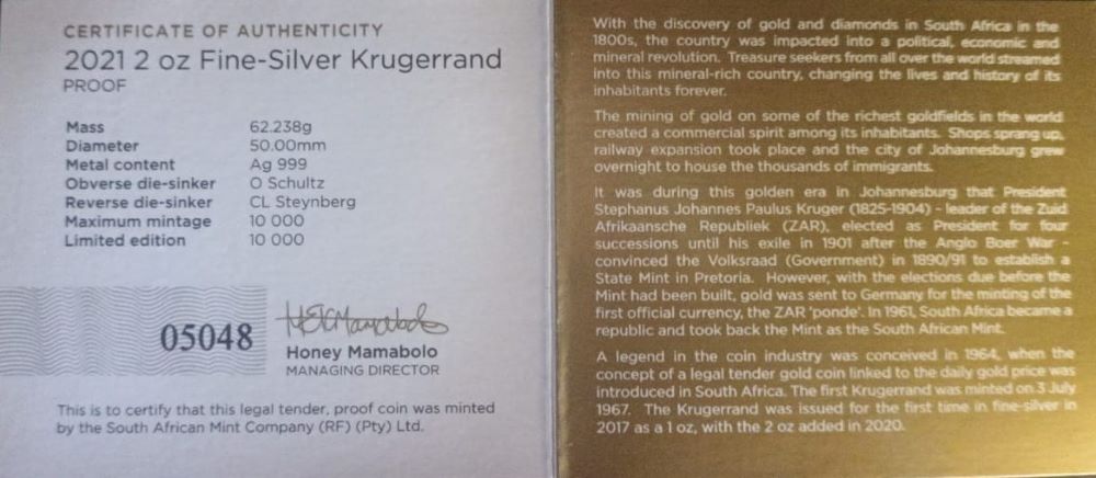 2021 TWO OUNCE PROOF SILVER KRUGERRAND