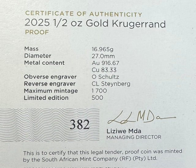2025 PROOF HALF OUNCE KRUGERRAND